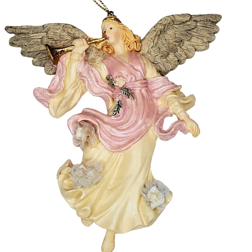 Angel with Horn and Flowers Hand Painted Resin Holiday Christmas Ornament 5"